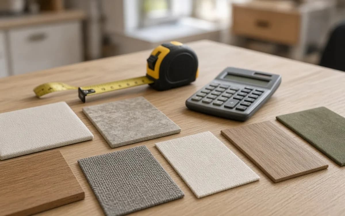 Tape measure and calculator beside laminate, wood-grain and textured fabric samples laid out on a wooden table