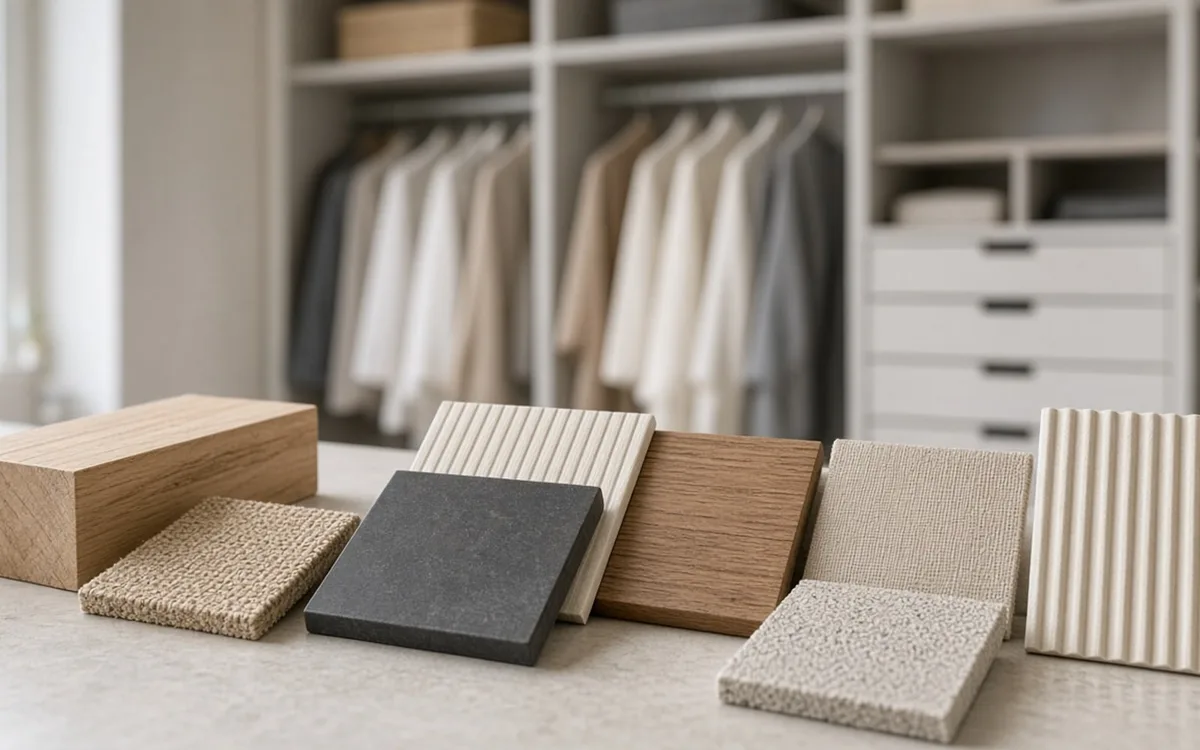Row of wood block, fluted panel, dark stone and textured laminate samples in front of a white walk-in closet