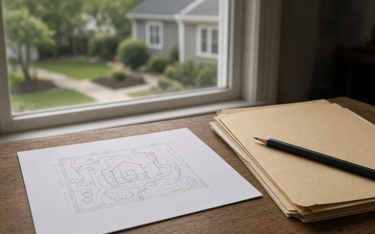 Pencil-drawn site plan and a stack of kraft folders on a wooden desk beside a window facing a front yard