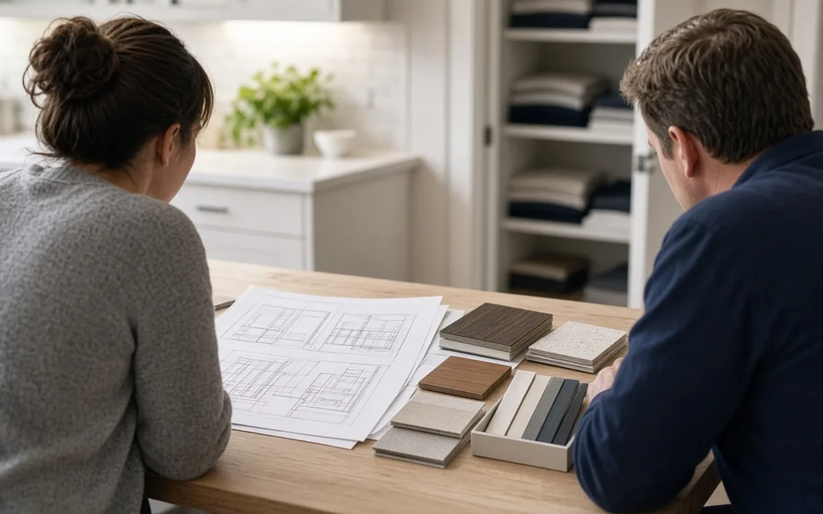 Two people at a table reviewing printed closet elevation drawings next to wood and laminate finish samples