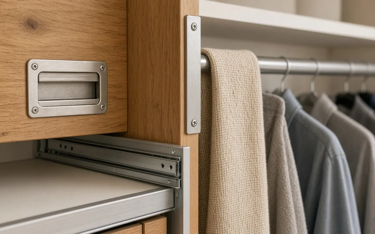 Close-up of a recessed stainless drawer pull, ball-bearing drawer slide and chrome hanging rod in an oak closet