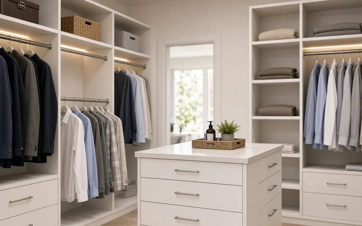White walk-in closet with lit hanging rods, open shelves of folded sweaters and a center island of drawers