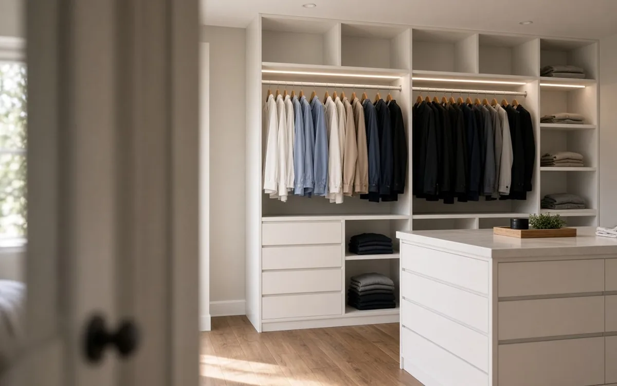 Doorway view into a white walk-in closet with LED-lit hanging rods above drawer banks and a drawer island