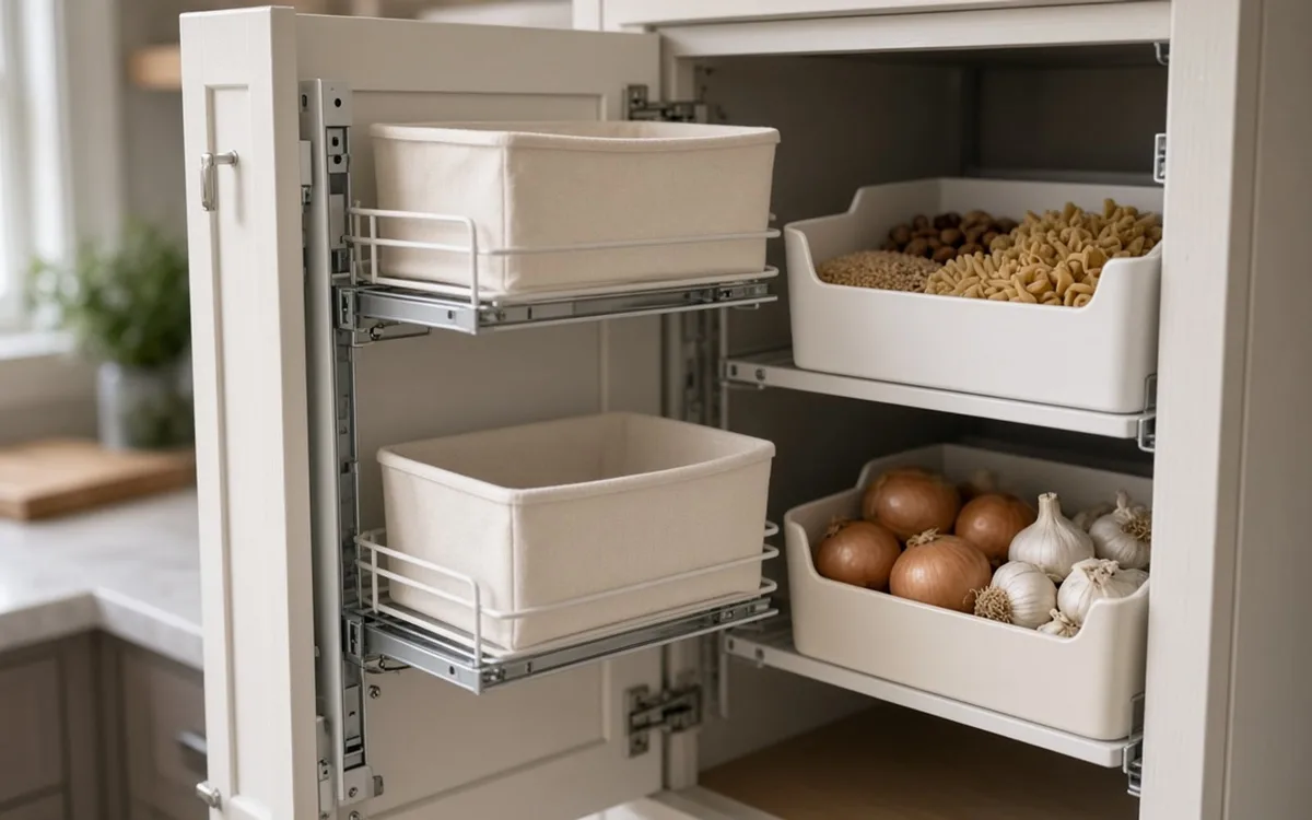 Pull-out wire baskets with white bins holding onions, garlic and dry pasta inside a white kitchen cabinet