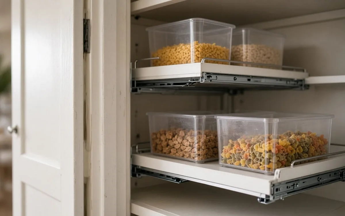 Clear canisters of dry pasta and beans on white pull-out shelves with metal slides behind a pantry door