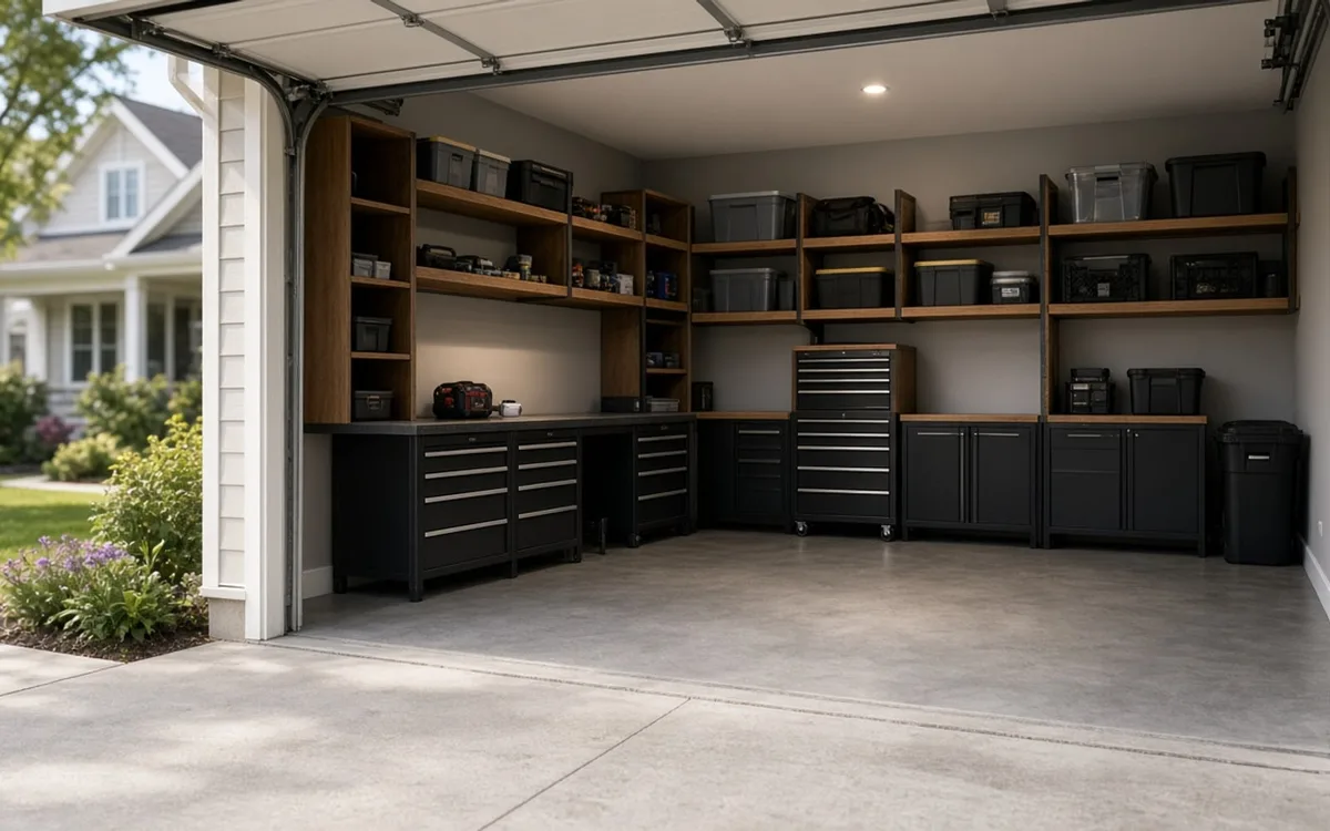 Open garage door showing black base cabinets, a rolling tool chest and wood wall shelves full of bins