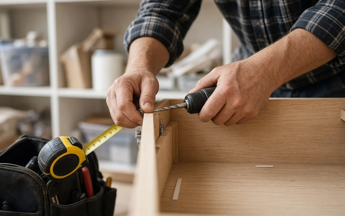 Hands drilling a pilot hole in the side of a maple drawer box next to a tape measure in a tool bag