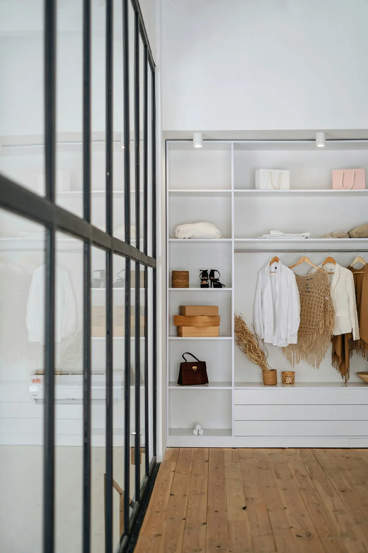 Open wardrobe with hanging rails and shelves